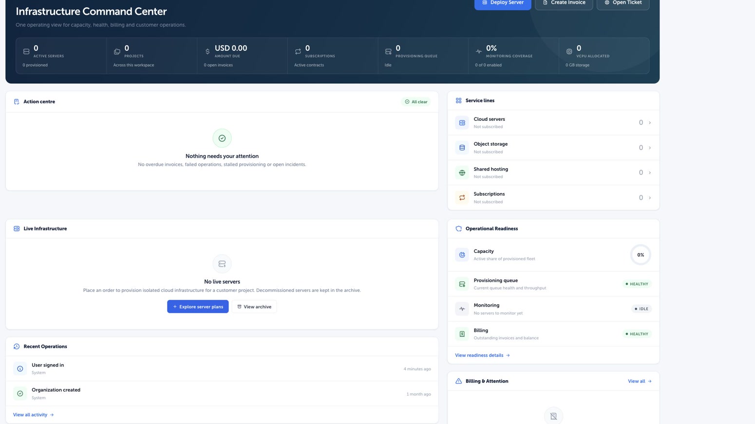 Orun customer portal showing active services and operations